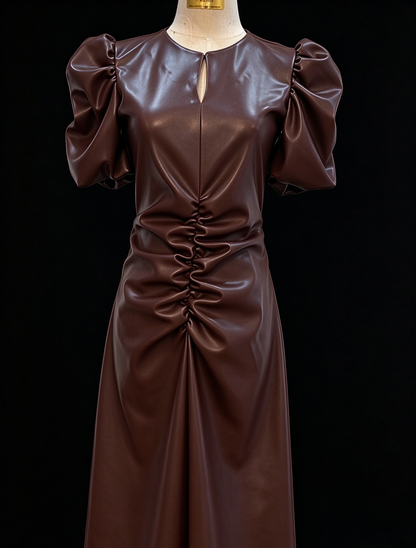 Brown Faux Leather Puff Sleeve Keyhole Neck Ruched Evening Dress fg8971