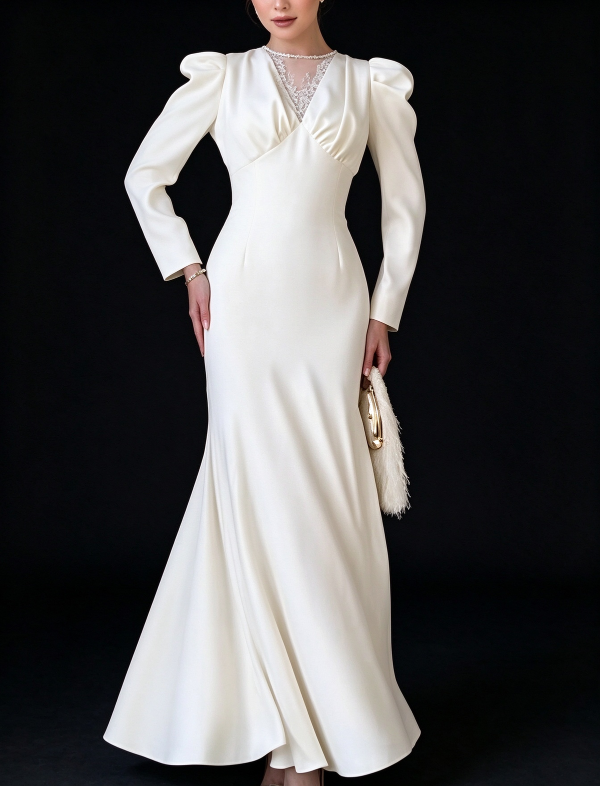 Ivory Satin Puff Long Sleeve Lace V Neck Mermaid Wedding Dress fg8972