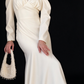 Ivory Satin Puff Long Sleeve Lace V Neck Mermaid Wedding Dress fg8972