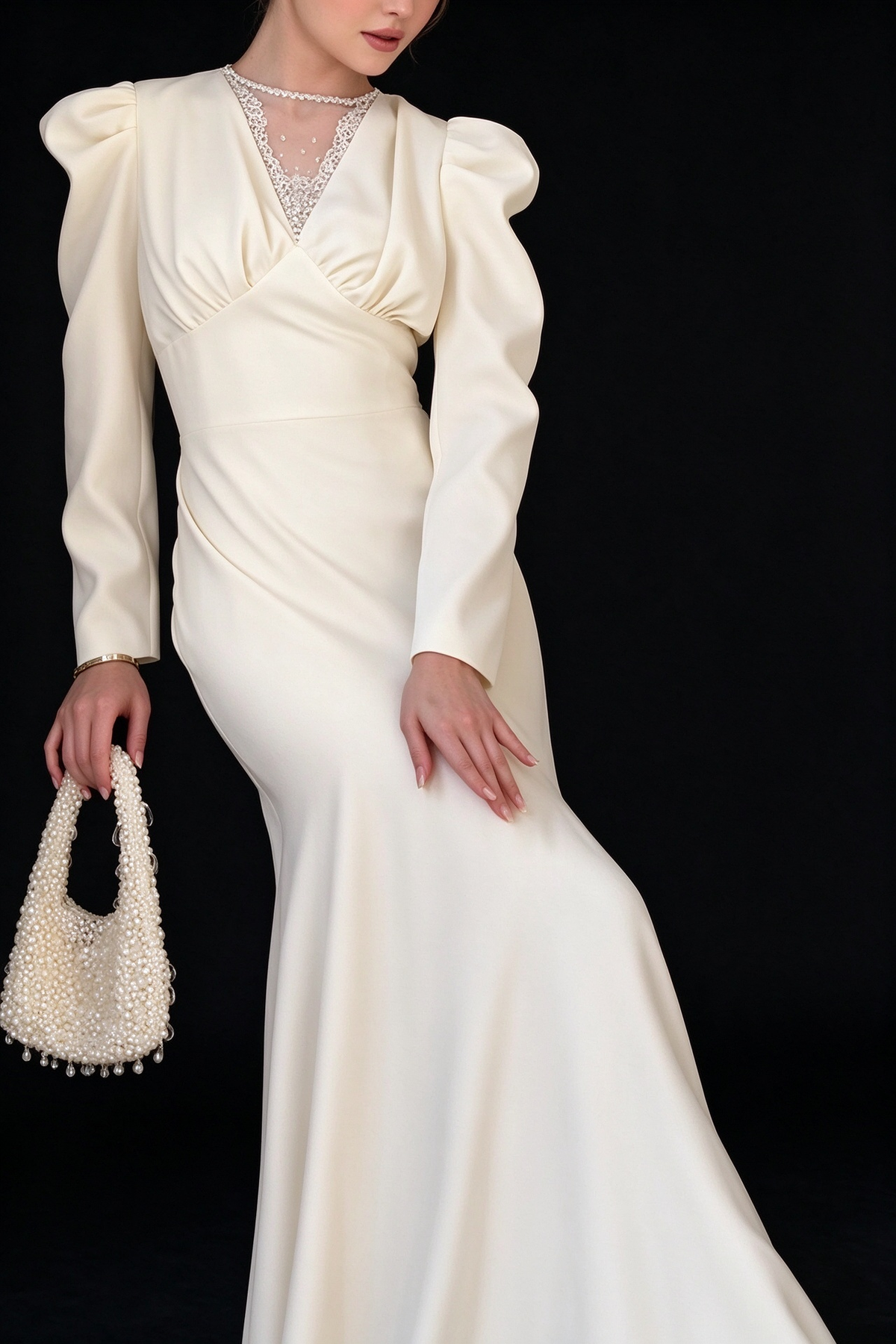 Ivory Satin Puff Long Sleeve Lace V Neck Mermaid Wedding Dress fg8972