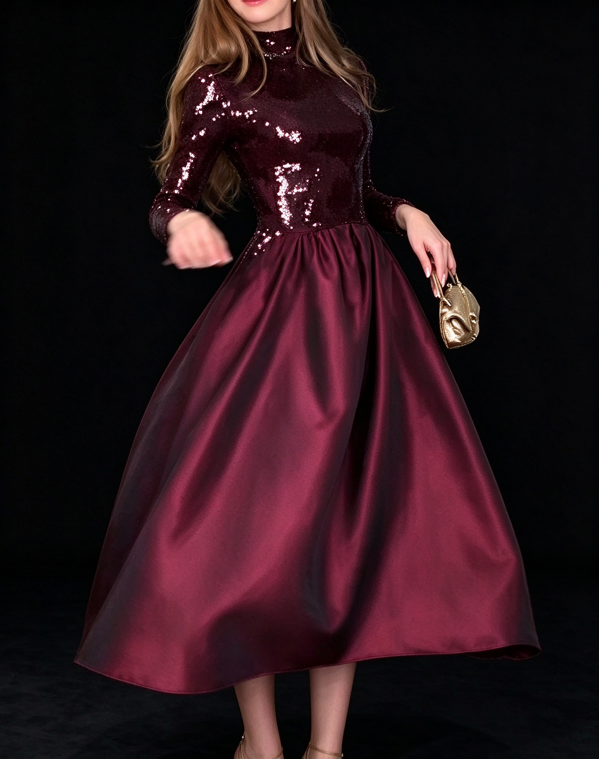 Burgundy Sequin Long Sleeve High Neck Satin A Line Evening Dress fg8973