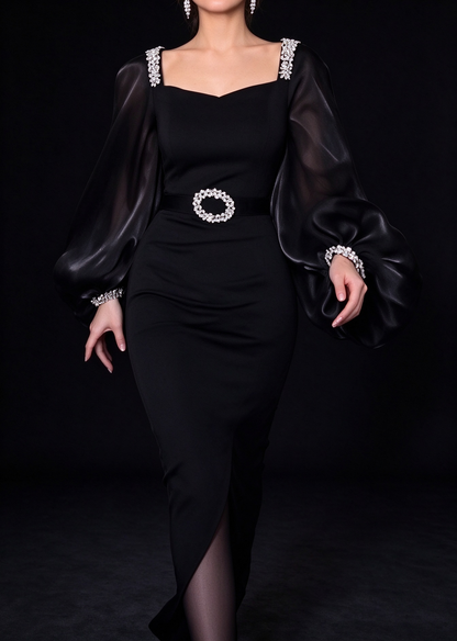 Black Square Neck Puff Sleeve Beaded Midi Evening Dress fg8974
