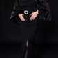 Black Square Neck Puff Sleeve Beaded Midi Evening Dress fg8974
