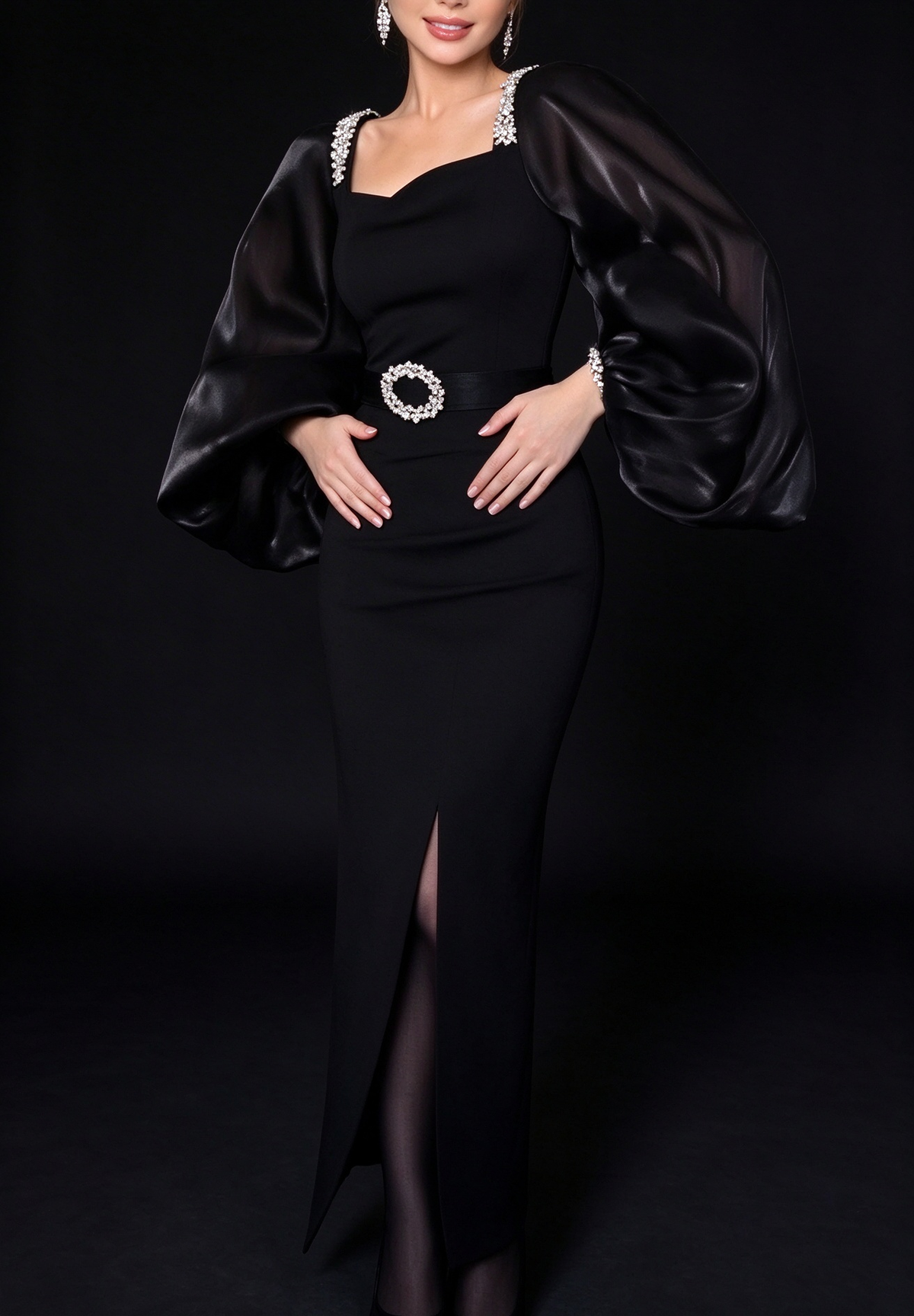 Black Square Neck Puff Sleeve Beaded Midi Evening Dress fg8974