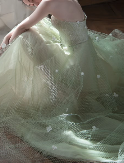 Green Strapless 3D Floral Tulle A Line Evening Gown fg9082