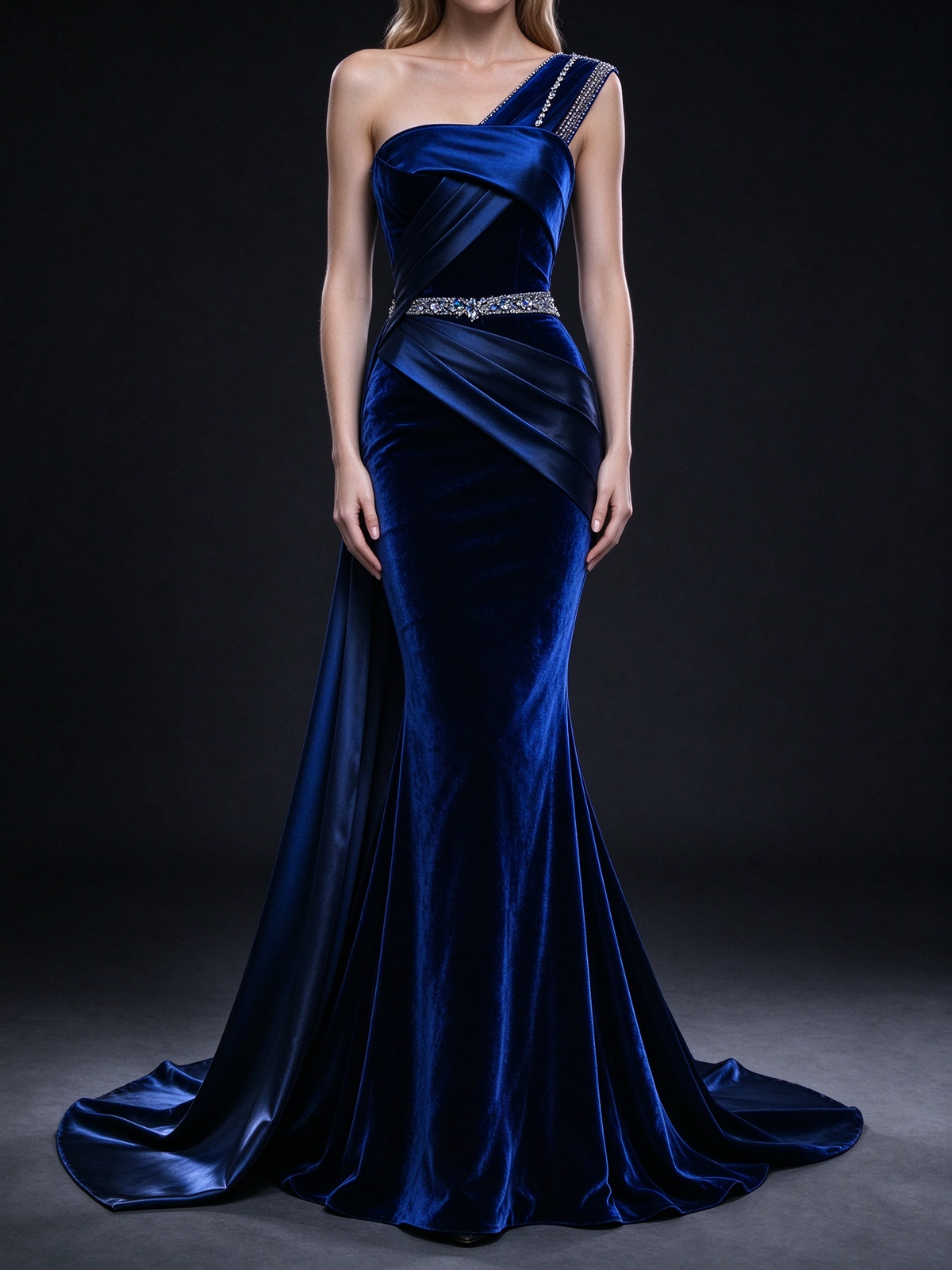 Royal Blue One Shoulder Velvet Mermaid Evening Gown With Satin Drape & Rhinestone Belt fg8997