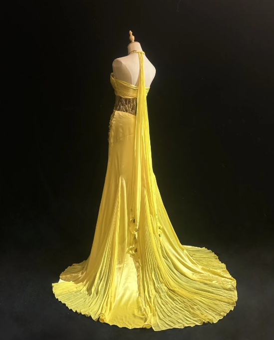Classy Yellow Chiffon Prom Party Dress Beads Evening Gowns  fg8596