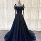 Shiny Navy Blue Tulle Straps Long Prom Dresses Party Dresses, A-line Beaded Prom Dresses      fg5018