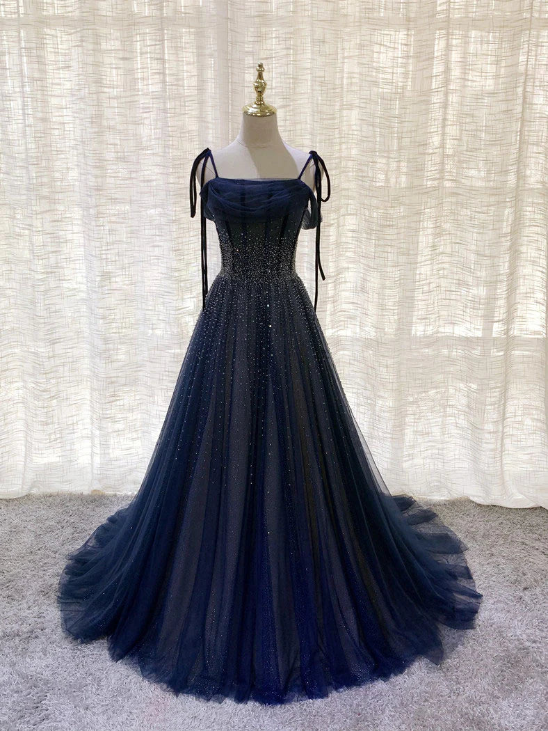 Shiny Navy Blue Tulle Straps Long Prom Dresses Party Dresses, A-line B formalgowns Shiny Navy Blue Tulle Straps Long Prom Dresses Party Dresses, A-line B formalgowns