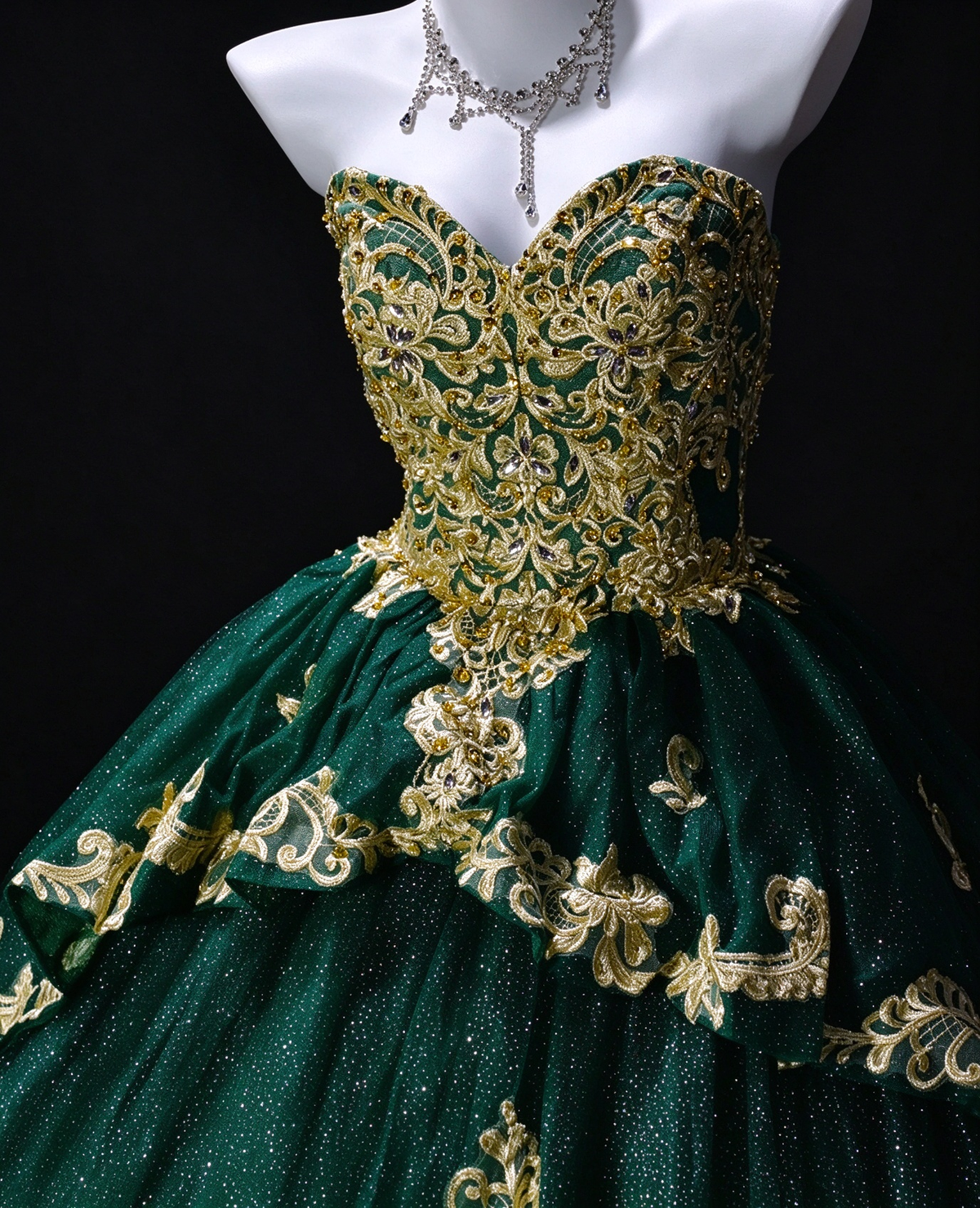 Strapless Green Tulle Ball Gown with Bow & Gold Embroidery, Formal Evening Dress fg8936