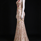 Champagne Floral Embroidery V-Neck Mermaid Long Evening Gown fg9098