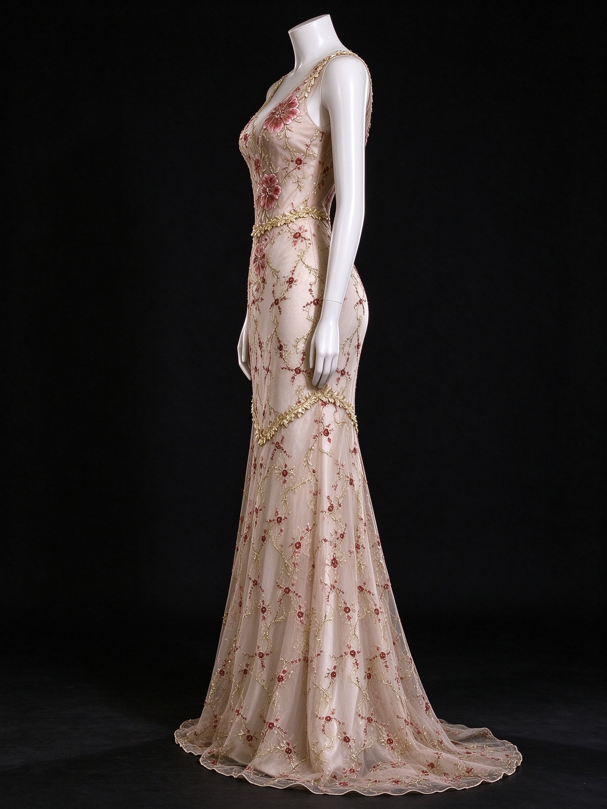 Champagne Floral Embroidery V-Neck Mermaid Long Evening Gown fg9098