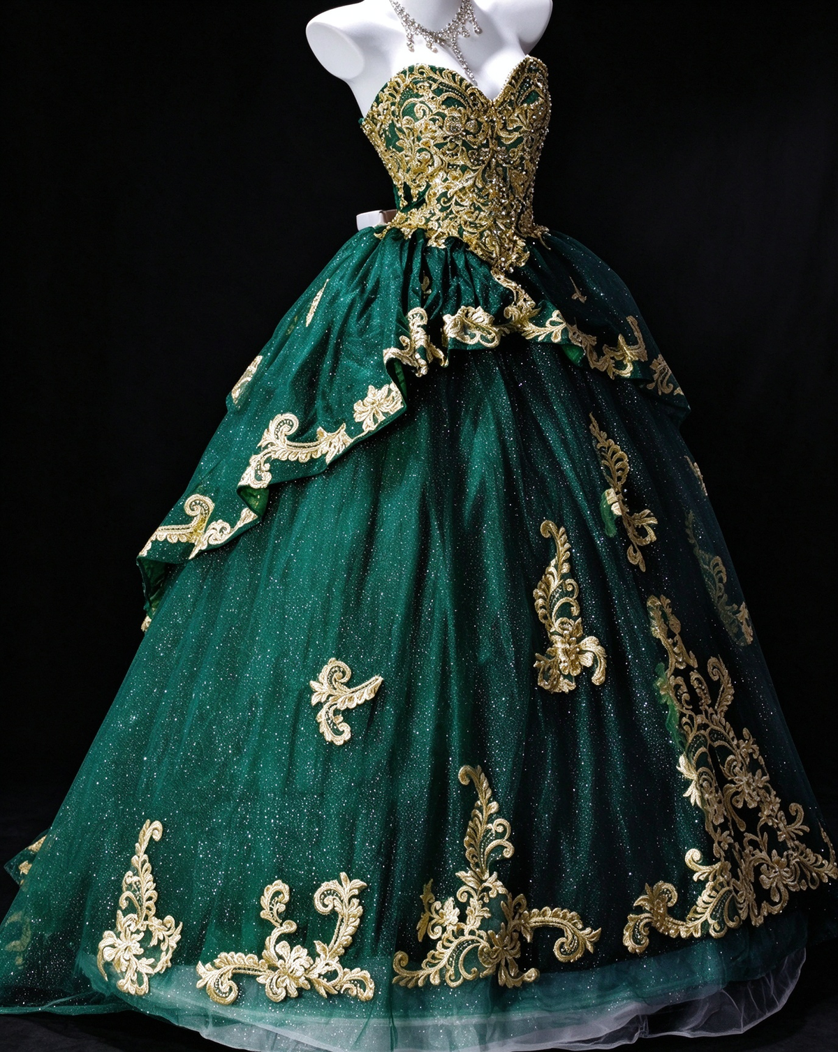 Strapless Green Tulle Ball Gown with Bow & Gold Embroidery, Formal Evening Dress fg8936