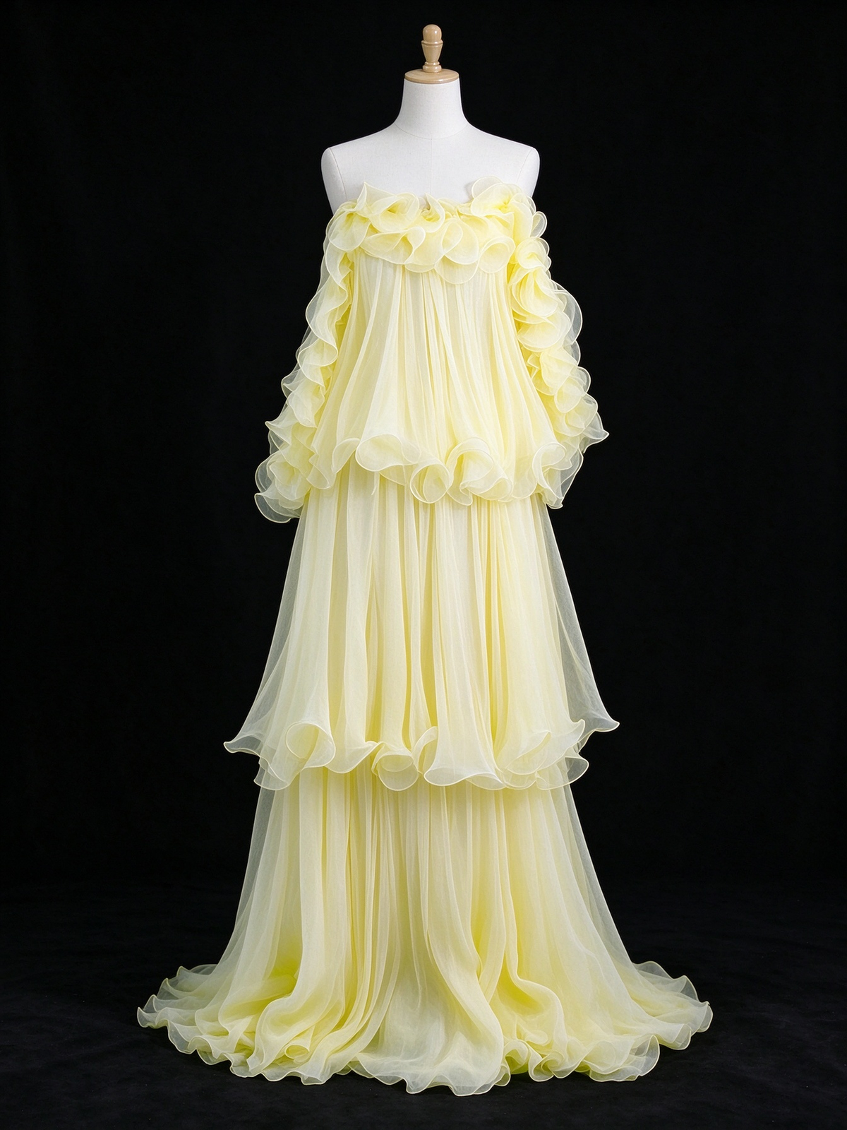 Yellow Strapless Tiered Ruffled Chiffon Evening Dress fg9138