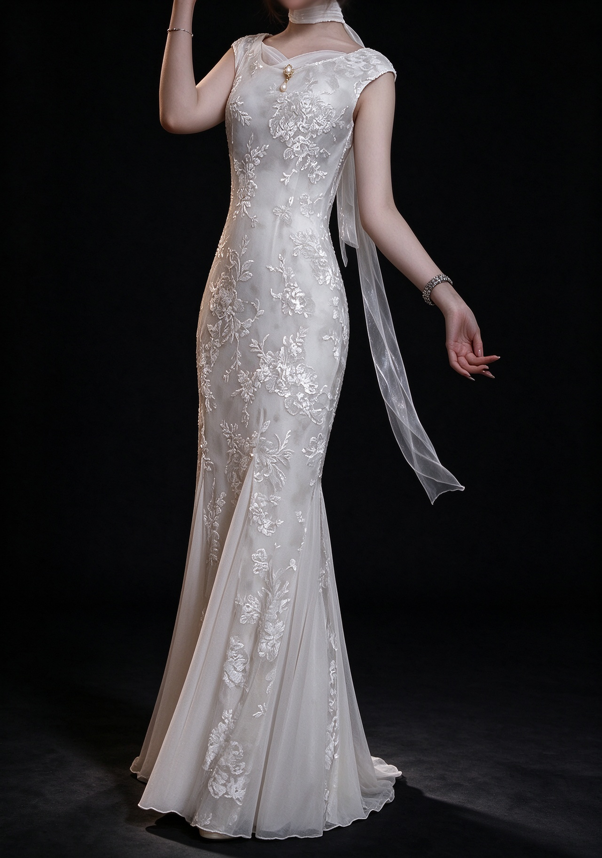 Ivory Floral Lace Mermaid Evening Gown With Sheer Ribbon Choker fg8980
