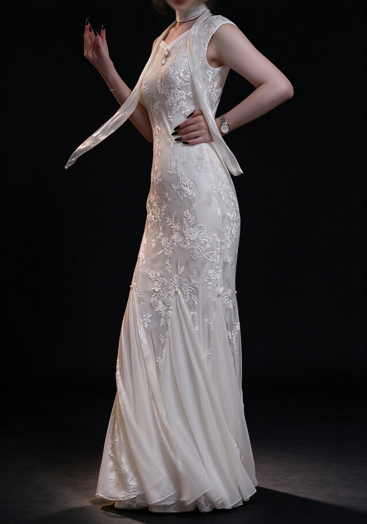 Ivory Floral Lace Mermaid Evening Gown With Sheer Ribbon Choker fg8980