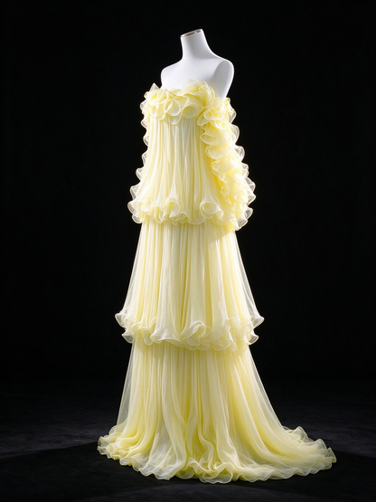 Yellow Strapless Tiered Ruffled Chiffon Evening Dress fg9138