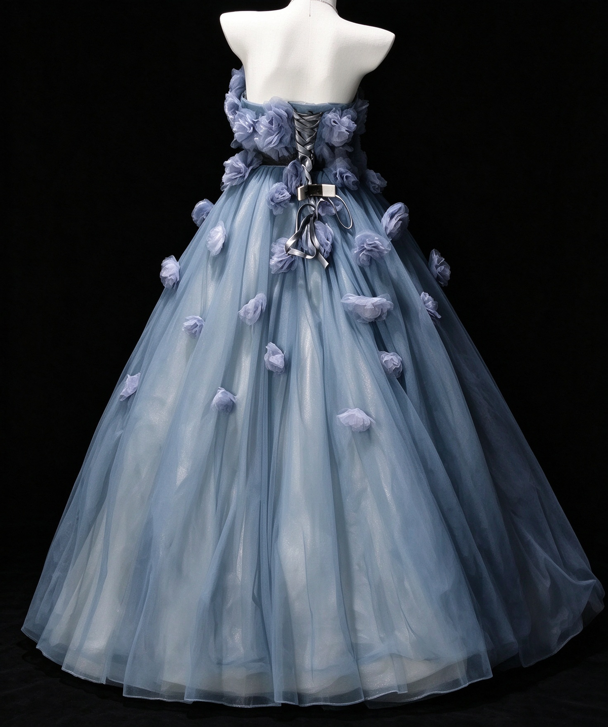 Strapless Blue Tulle Ball Gown with 3D Floral Appliqués, Formal Evening Dress fg8937
