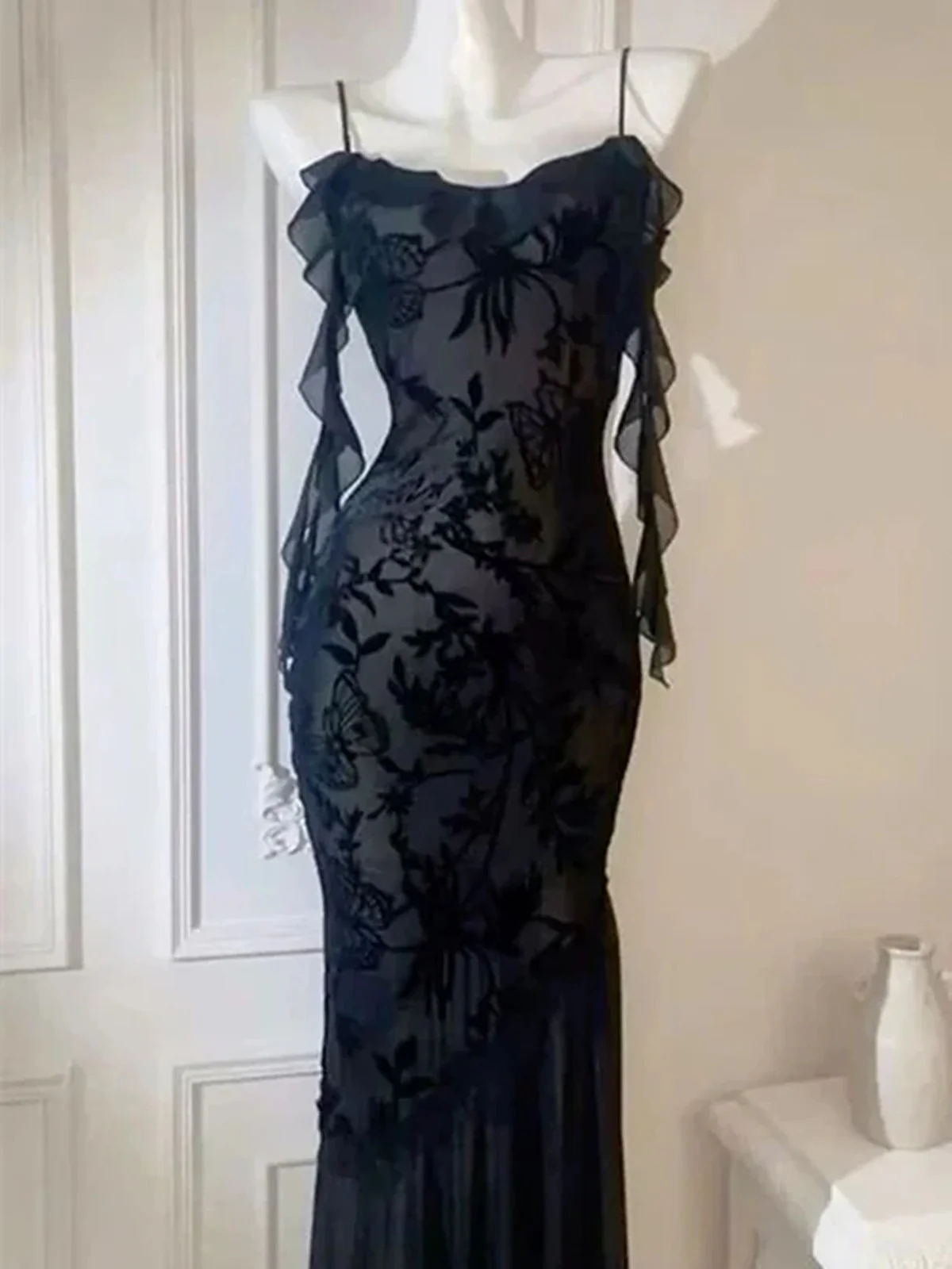 Black Lace Mermaid Maxi Dress Prom Dress, Gothic Lace Black Evening Dress  fg8724