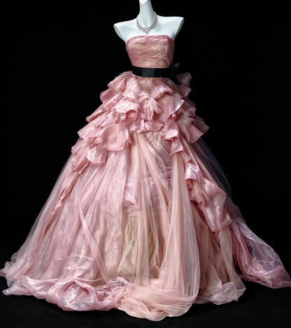Strapless Pink Ruffled Organza Ball Gown , Formal Evening Dress fg8939