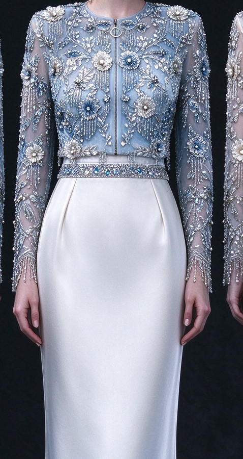 Ombré Blue Long Sleeve Sheer Tulle  Satin Mermaid Evening Gown With 3D Blue Floral Beading ,  fg9000