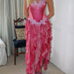 Vintage Hot Pink Lace Chiffon Ruffles Evening Dress Strapless Prom Dress fg8442