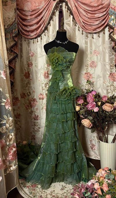 Vintage Green Strapless Satin Tulle Layered Ruffle Mermaid Long Prom Dress Evening Gown  fg8444