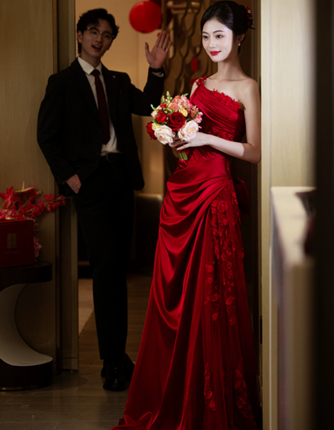 Burgundy Mermaid Long Formal Dress Satin Lace Evening Dresses     fg7670