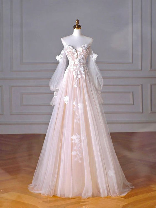 Champagnerfarbenes, langes Abendkleid aus Tüllspitze mit herzförmigem Ausschnitt, A-Linie, Partykleid mit Puffärmeln fg5434