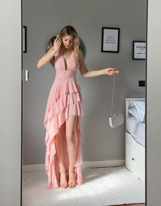 Pink Sexy V Neck Prom Dresses Formal Evening Dress  fg7610