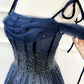 Shiny Navy Blue Tulle Straps Long Prom Dresses Party Dresses, A-line Beaded Prom Dresses      fg5018
