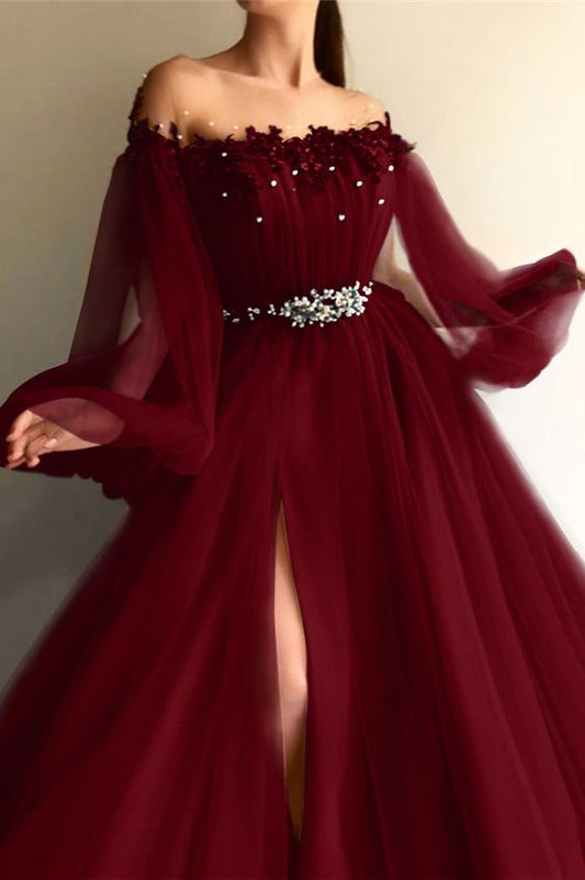Schickes Off-the-Shoulder Lange Ärmel Elegantes Abendkleid mit Perlen fg6551