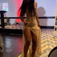 Sexy Gold Long Prom Dress Evening Party Dresses With Slit   fg7699
