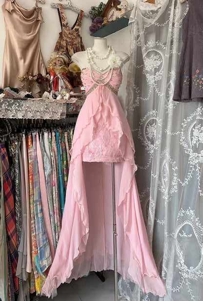 Pink Chiffon Strapless Long Prom Dresses Vintage Formal Evening Dress  fg7591