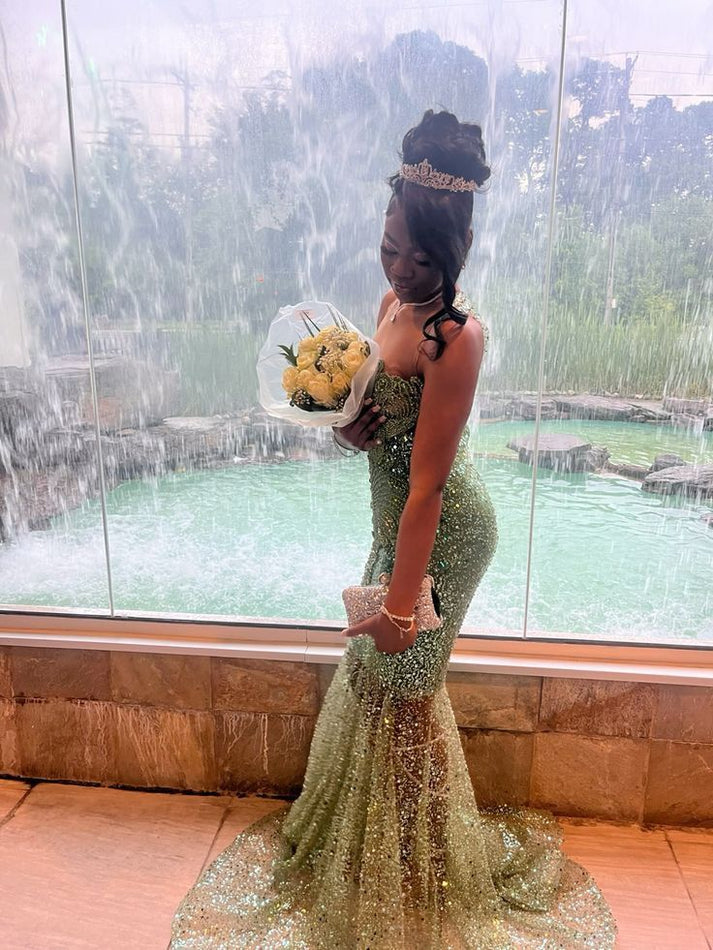 Green Sequin Mermaid Evening Gown for Black Girls, Sleeveless main image 1
