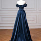 Navy Satin Long Prom Dress, Elegant Off the Shoulder Party Dress     fg7646
