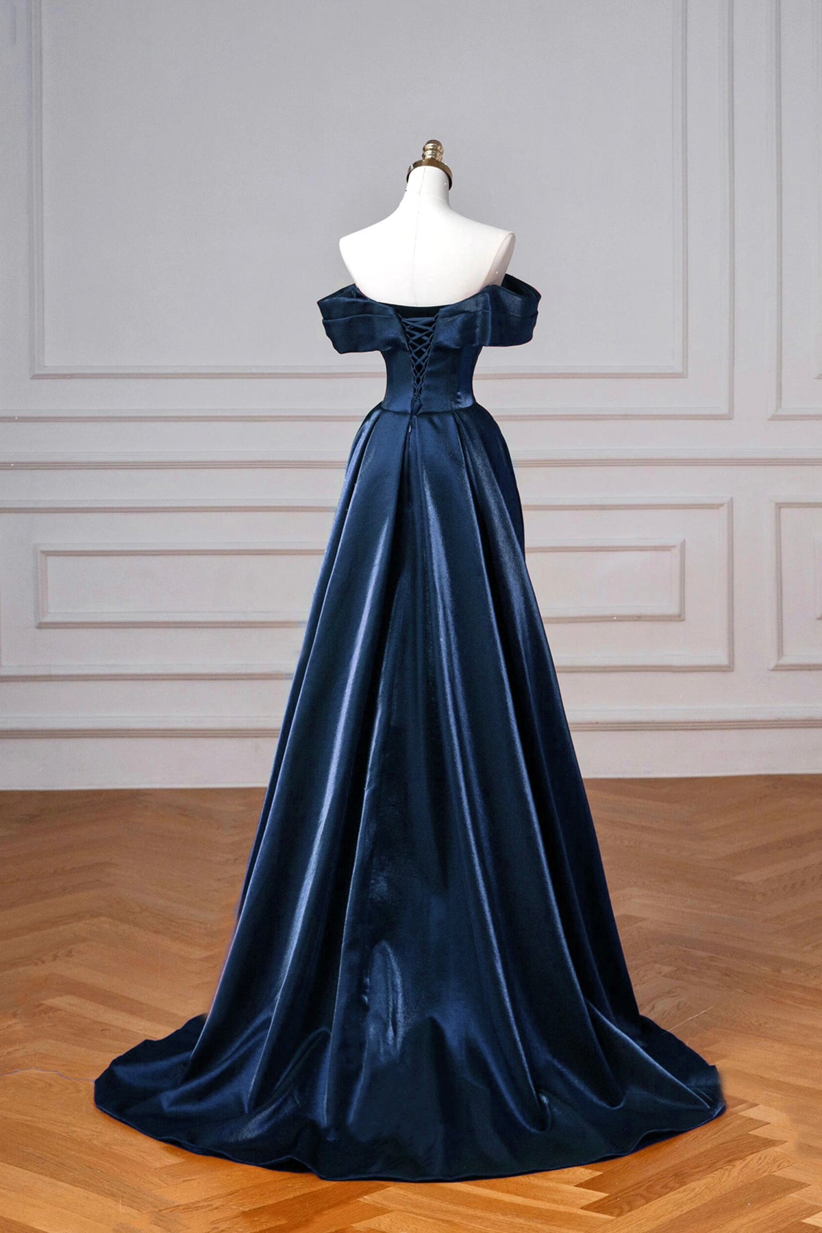 Navy Satin Long Prom Dress, Elegant Off the Shoulder Party Dress fg764 – formalgowns