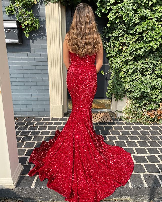 Red sequin prom dress, long mermaid prom dresses    fg3410