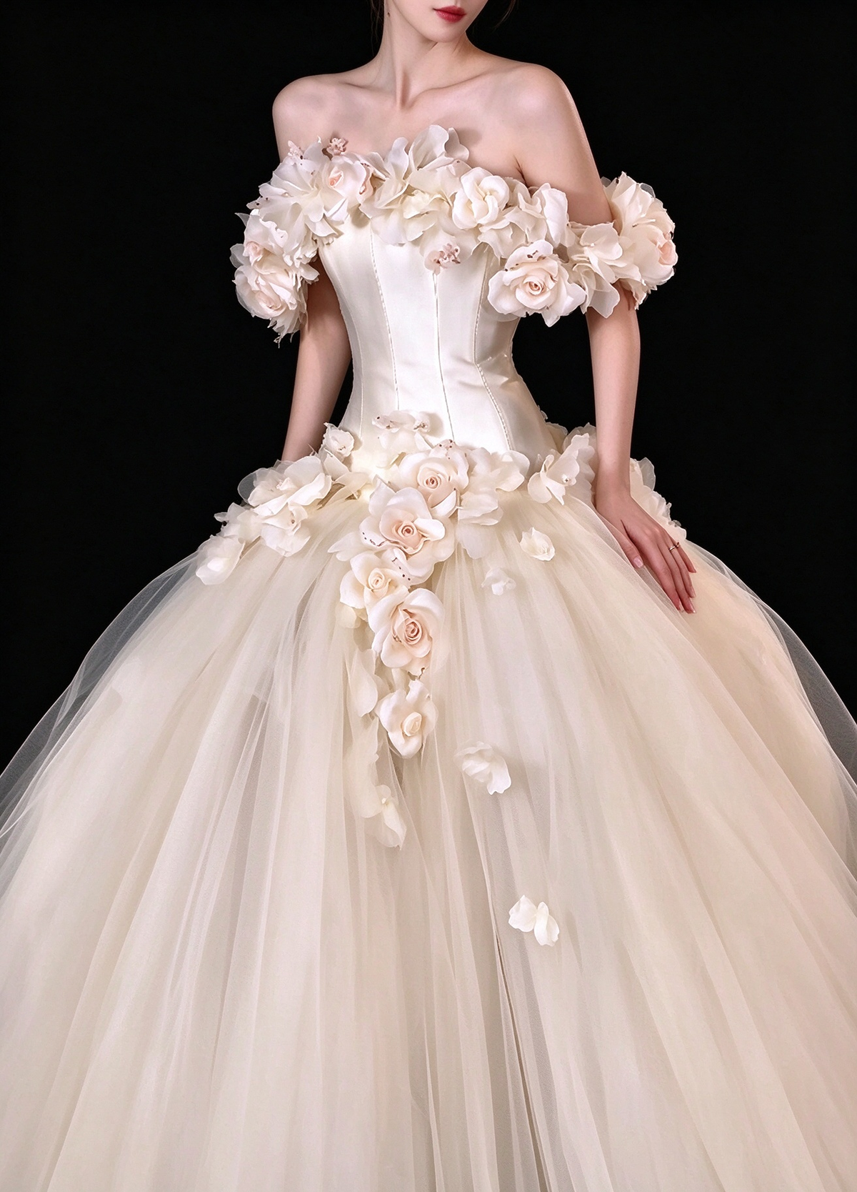 Ivory Off-the-Shoulder 3D Floral Tulle Wedding Ball Gown fg9051