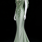Sage Green Cape Leaf Beaded Tulle Mermaid Evening Gown fg9073