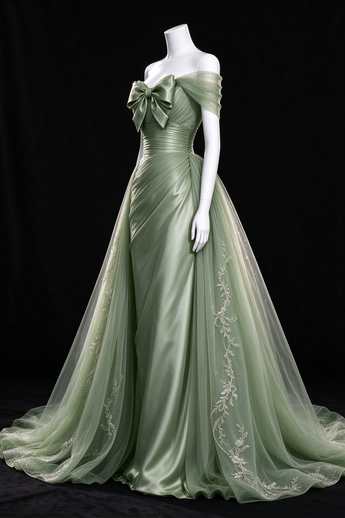 Sage Green Off Shoulder Bow Satin Tulle A Line Evening Gown fg9076