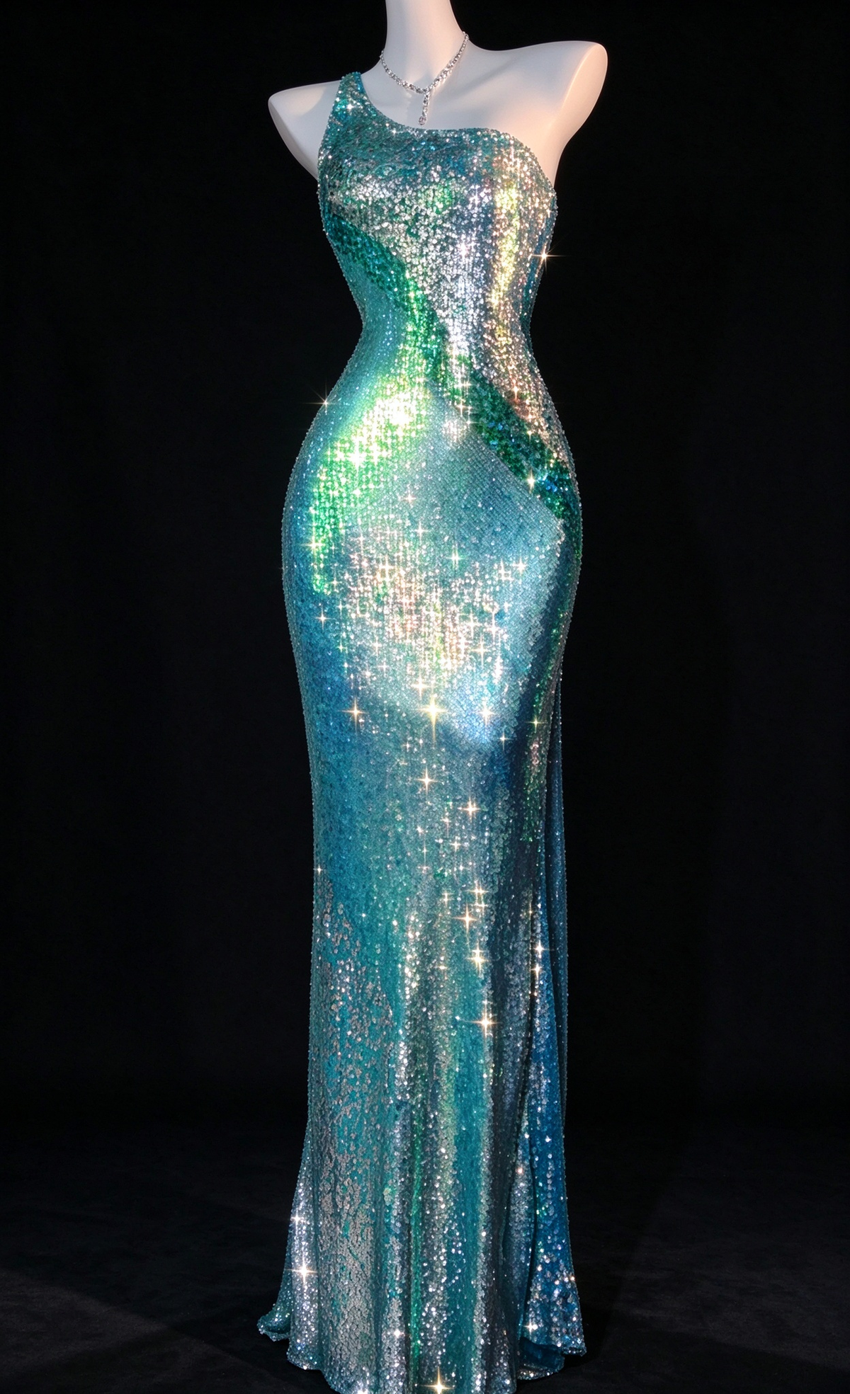 Turquoise One Shoulder Sequin Mermaid Evening Dress fg9124