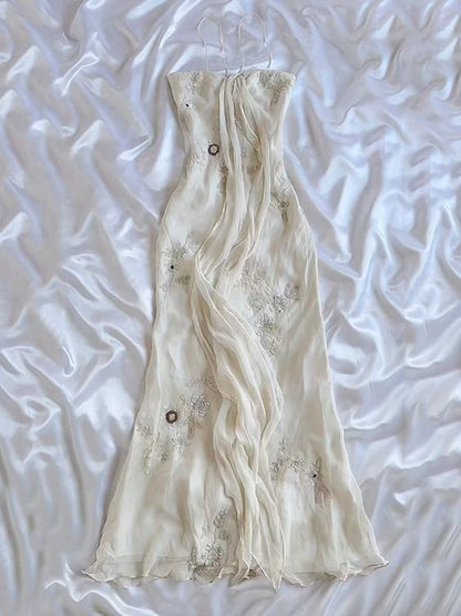 Robe de soirée longue vintage à bretelles ivoire, charmante, fg6716