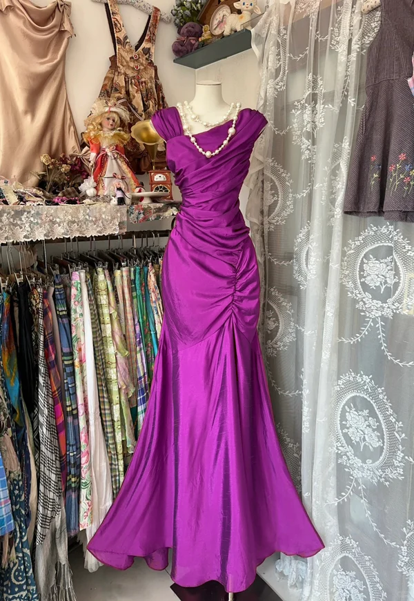 Mermaid Pleats Vintage Prom Dress Long Evening Dress   fg8039