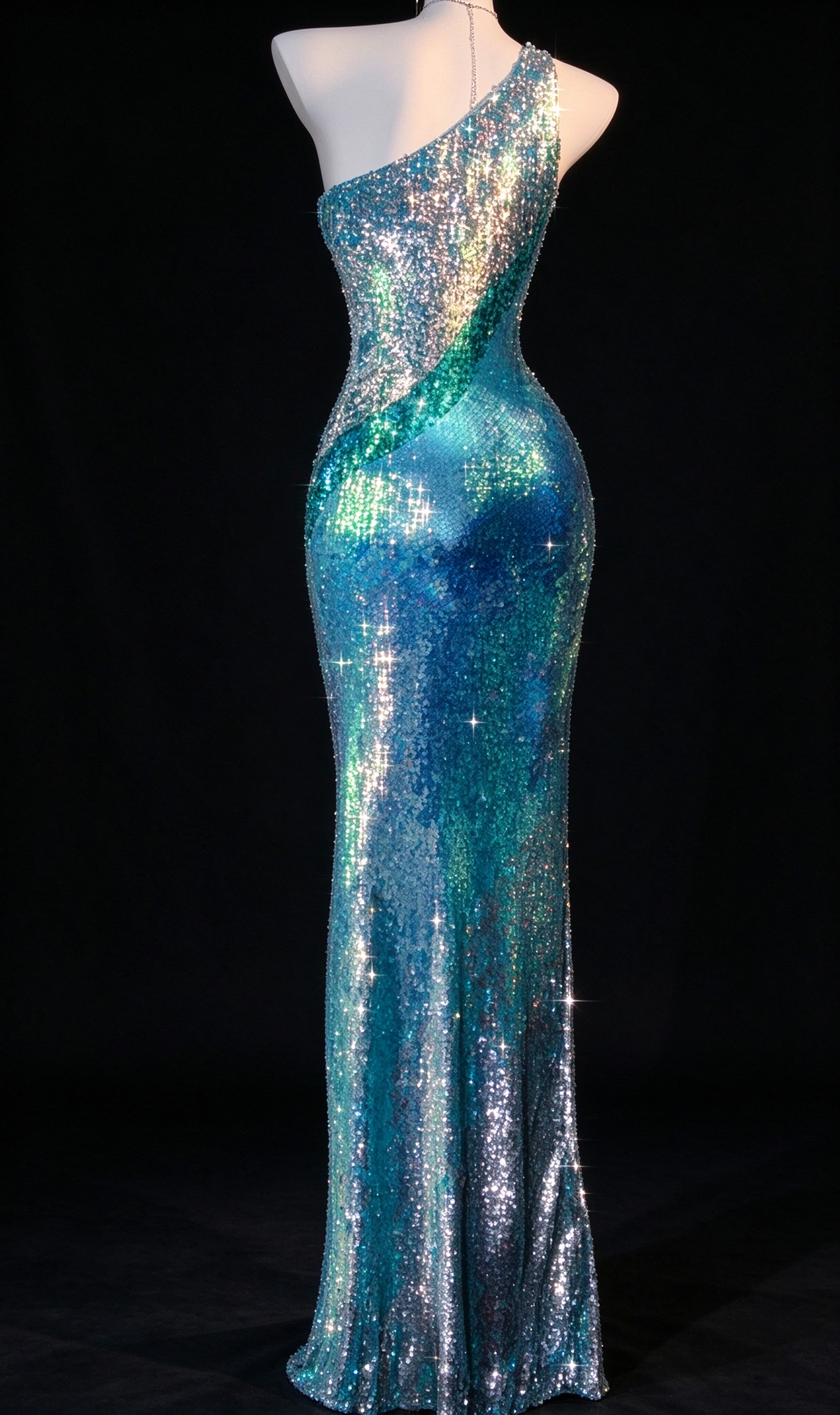 Turquoise One Shoulder Sequin Mermaid Evening Dress fg9124