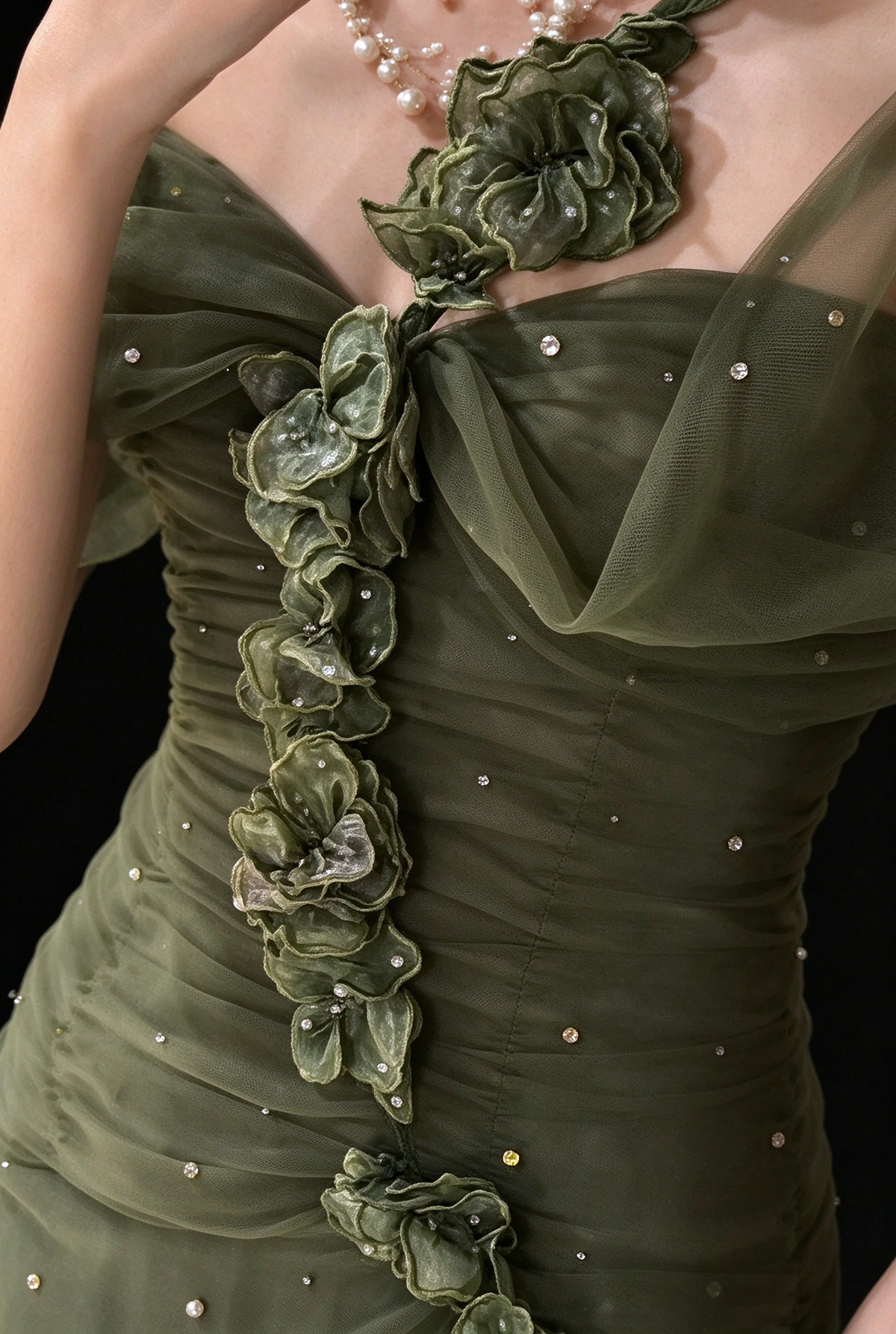 Sage Green Off-the-Shoulder 3D Floral Beaded Tulle Formal Evening Gown fg9052