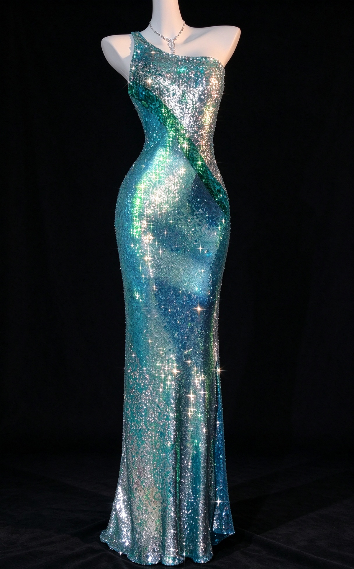 Turquoise One Shoulder Sequin Mermaid Evening Dress fg9124