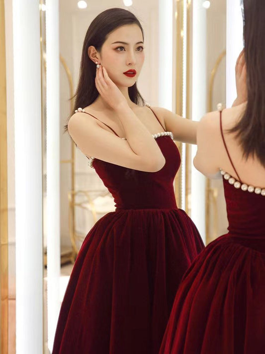 Spaghettiträger Abendkleid, rotes Partykleid, Samt-Ballkleid fg6232