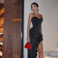 Spaghetti Straps Sexy Black Evening Dress Ruffles Prom Dresses   fg7569