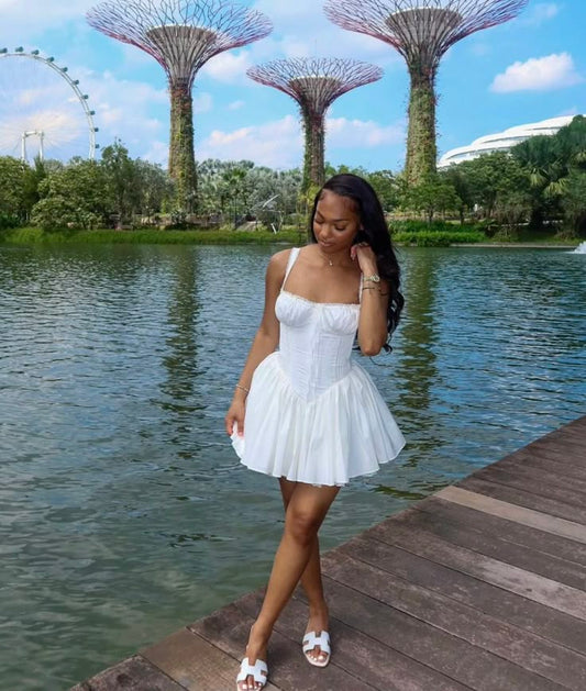 Robe de soirée courte blanche trapèze, robe de cocktail, robe de soirée courte fg7892